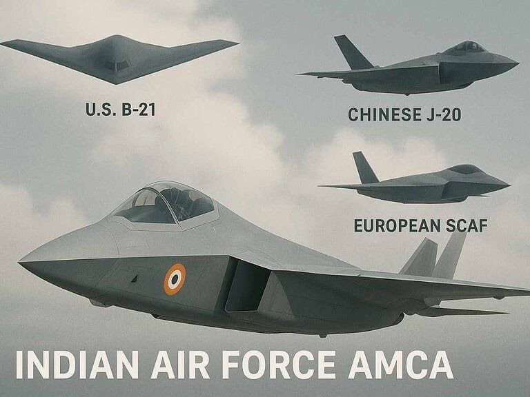Advanced fighter jet comparison: Indian Air Force AMCA, U.S. B-21, Chinese J-20, European SCAF showcasing modern stealth aircraft technology and aerospace defense innovation.